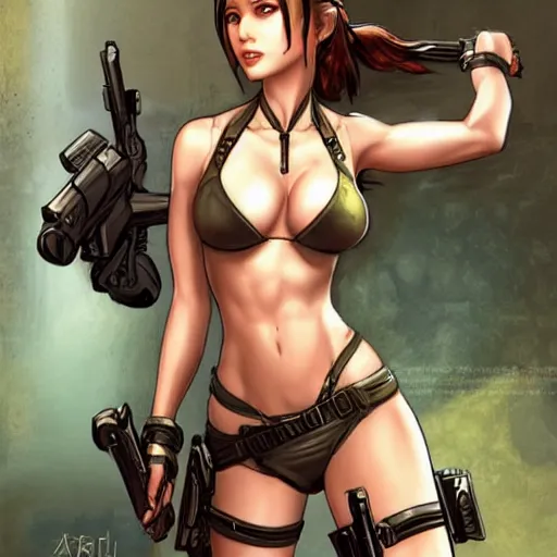 Image similar to concept art illustration of young japanese christina hendricks natalie portman as lara croft anime protagonist, wearing combat warrior fantasy bikini, intricate, elegant, art by artgerm and rosstran, masamune shirow