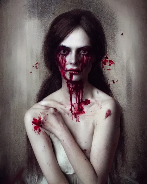 Image similar to a beautiful but sinister and creepy woman in layers of fear, with haunted eyes, violence in her eyes, putting on lipgloss, 1 9 7 0 s, seventies, delicate embellishments, a little blood, woodland, moonlight shining on wildflowers, painterly, offset printing technique, by mary jane ansell