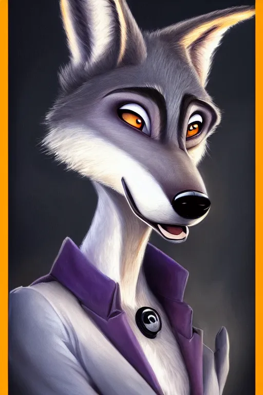 Image similar to oil painting of anthromorphic female wolf, in style of zootopia, female fursona, furry, furaffinity, 4 k, deviantart, furry art, fursona art, wearing black business suit, business suit, wolf fursona, female, very expressive detailed feminine face,