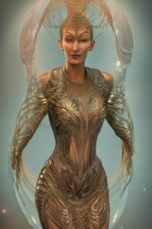 Image similar to a realistic picture of a beautiful ancient alien woman goddess bella hadid standing in iris van herpen dress jewelery and fractals in style of alphonse mucha art nuvo dmt trending on artstation made in unreal engine 4
