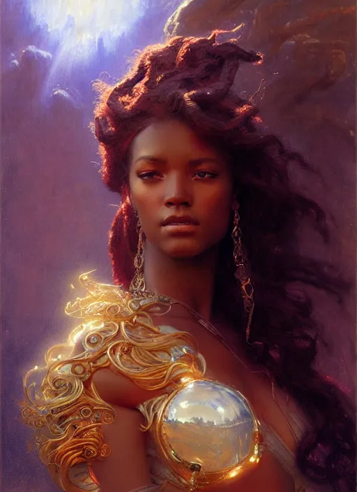 Image similar to young black woman, goddess of light, long flowing hair, smug expression, highly detailed painting by gaston bussiere, craig mullins, j. c. leyendecker 8 k