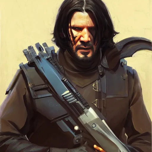 Image similar to greg manchess portrait painting of partially armored john wick as overwatch character, medium shot, asymmetrical, profile picture, organic painting, sunny day, matte painting, bold shapes, hard edges, street art, trending on artstation, by huang guangjian, gil elvgren, ruan jia, greg rutkowski, gaston bussiere