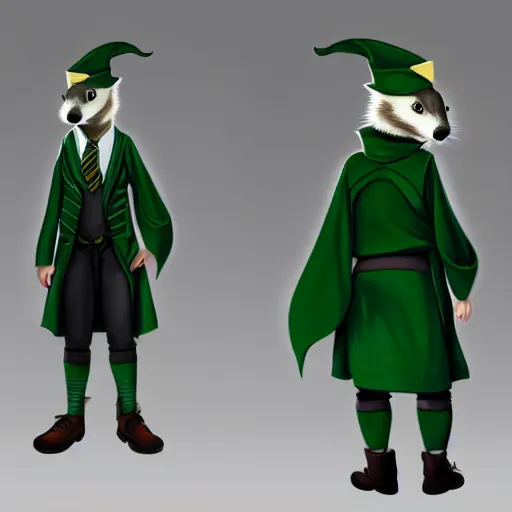 Image similar to a anthropomorphic ferret is dressed as a hogwarts student in slytherin robes, hyperdetailed, artstation, cgsociety, 8 k