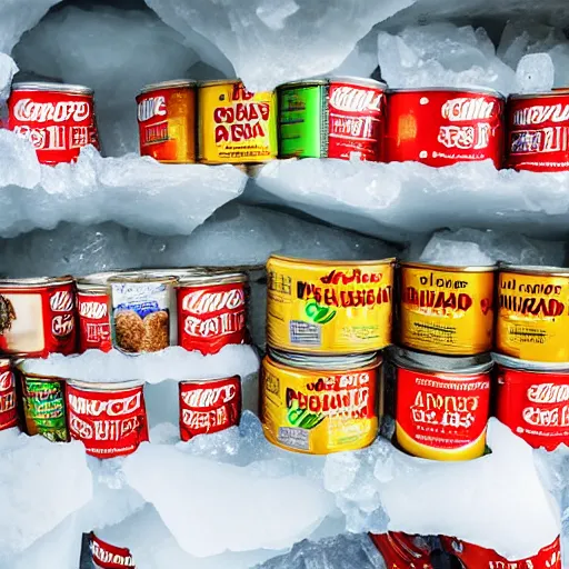 Prompt: photo of canned foods inside an ice cavern