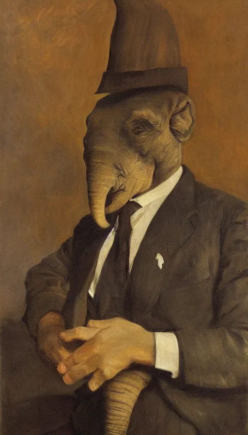 Prompt: painting of a capitalist elephant wearing a suit and tie, by peder krøyer, dramatic lighting, golden hour, adorable, intricate detail, canvas print