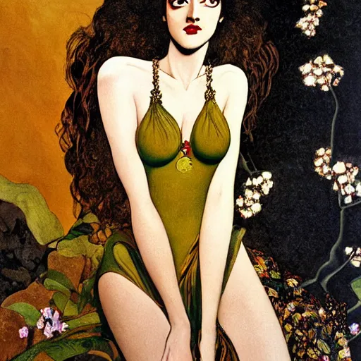 Image similar to oil painting of a portrait of a Queen dark curly hair, fair skin, by Patrick Nagel, by Georgia O Keeffe, by Yoshitaka Amano, by Gustave Moreau, art deco, matte drawing, storybook illustration, tonalism, realism