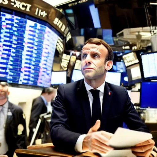 Image similar to film still Emmanuel Macron at Wall street stock exchange, exulting from joy, in the big short (2015)