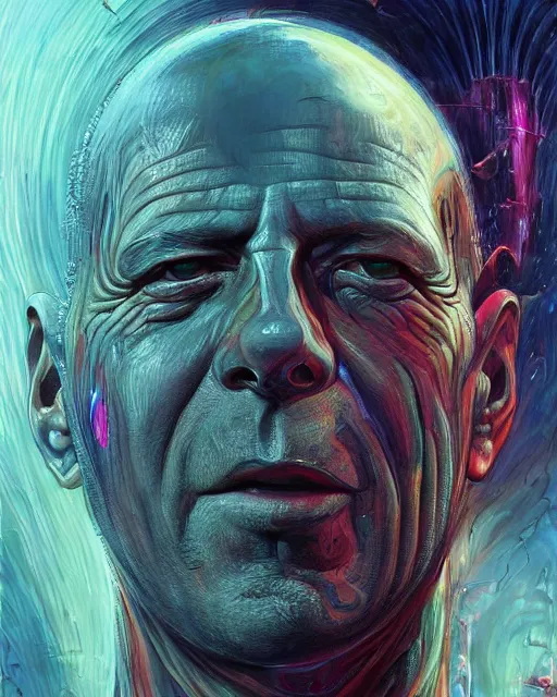 Image similar to bruce willis, by antonio j. manzanedo, giger, alex grey, android jones, wayne barlowe, philippe druillet, raymond swanland, cyril rolando, josephine wall, harumi hironaka, trending on artstation