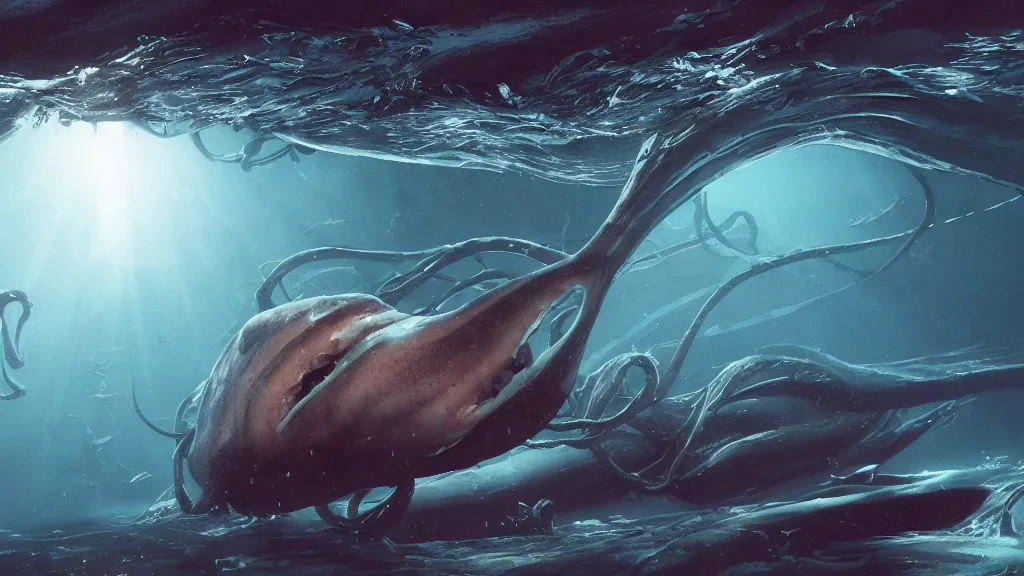 Image similar to a photorealistic hyperrealistic underwater render of a giant squid attacks a deep sea submersible with bright headlights by greg rutkowski, james paick, wlop, nicolas bouvier sparth, stephan martiniere, dramatic moody lighting, underwater caustics, volumetric, light rays, cinematic atmosphere, octane render, artstation, 8 k