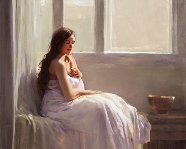 Prompt: a beautiful painting of a relaxed smiling woman in a soft night gown sitting with her eyes closed on a loose pile of soft fabrics infront of a window with the blinds drawn shut. one shoulder strap is falling off her shoulder. there is a flower vase near her. by richard s. johnson, trending on deviantart, painterly,