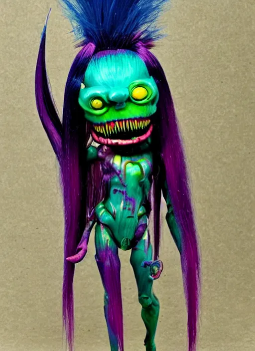 Prompt: a brutal terrifying and mysterious weird toy monster of chaos warped in horror with long rainbow - colored hair, her skin has gaps, spikes, and complex alien textures, terrifying and mysterious