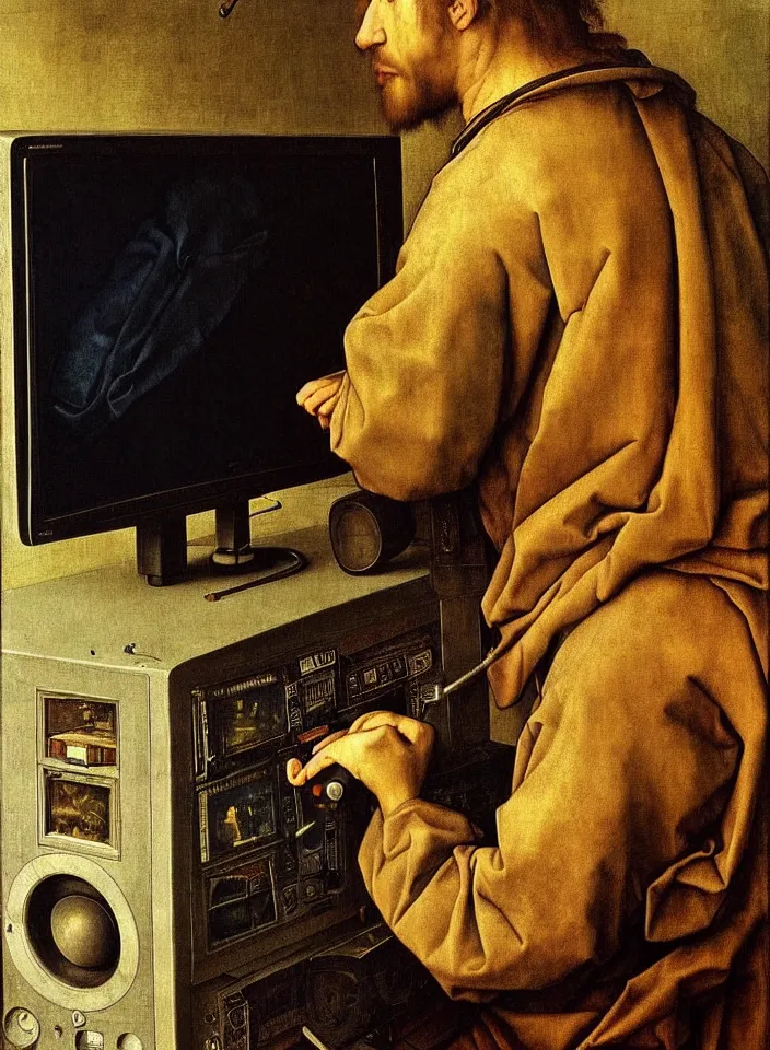 Prompt: Portrait of a man playing a video game on a CRT television. Painting by Albrecht Dürer. Intricate details. hyper realism. Masterpiece.