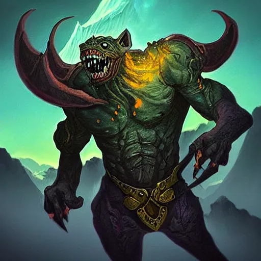Image similar to “a highly detailed goblin with dark skin and yellow eyes that glow, Like magic the gathering, goblin chainwalker, with a volcano in the background, digital art, by Christopher rush”