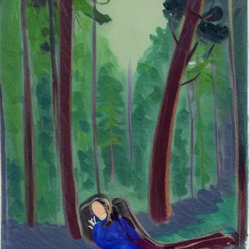 Prompt: painting of a woman who fell asleep during a train ride as it goes through a forest while it rains