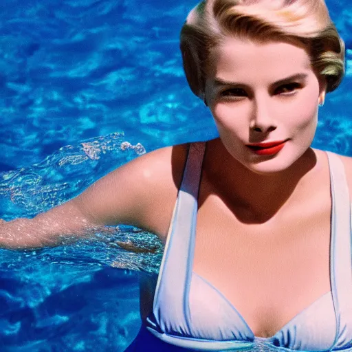 Image similar to grace kelly wearing a swimsuit, swimming underwater, underwater photography, attractive curves, beautiful face, whole body photography, 4 k cinematic photo, hyperrealistic.