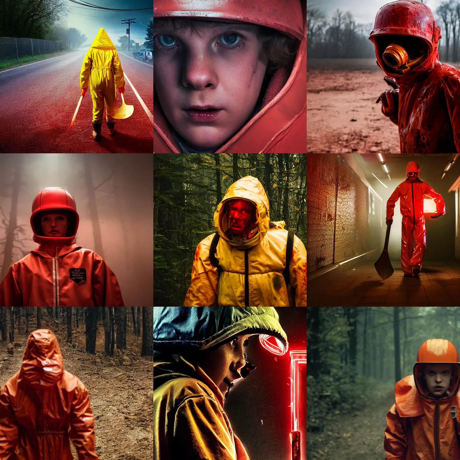 Prompt: still from stranger things, low angle skewed shot of a man in a bloody hazmat suit, big shovel, blood, horror, award winning photo, high detail, atmospheric, 8k