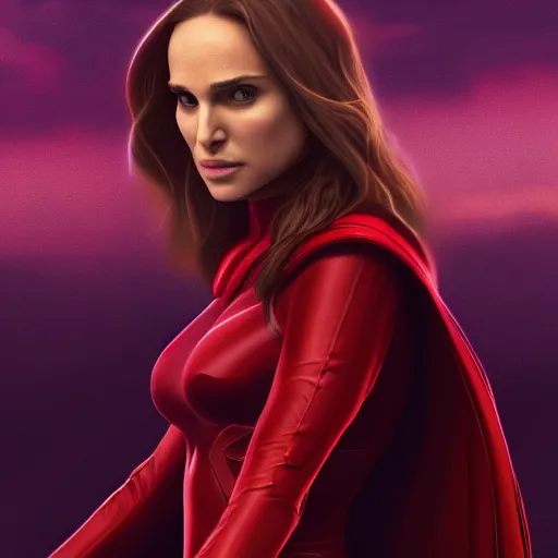 Image similar to Natalie Portman as scarlet witch from MCU, highly detailed, artstation, 8K HDR, sunset.