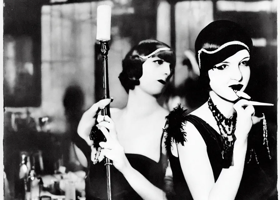 Prompt: a 1 9 2 0 s short - haired flapper woman in black satin gloves holding a long cigarette holder, smirking at the camera, at a jazz party in a dimly lit speakeasy, circa 1 9 2 4, in the style of edward hopper