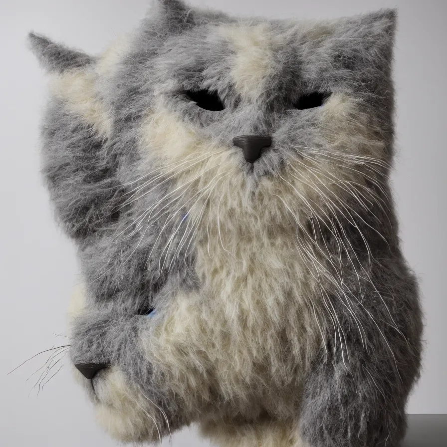 Prompt: beautiful gallery show studio photograph of a giant realistic ceramic sculpture of a fluffy cat, glazed by bridget riley and victor vasarely, placed on a polished wooden table, colorful hyperrealism 8 k trending on artstation