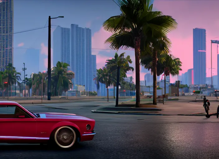 Image similar to still next - gen ps 5 game grand theft auto 6 2 0 2 4 remaster, graphics mods, rain, red sunset, people, rtx reflections, gta vi, miami, palms and miami buildings, photorealistic screenshot, unreal engine, 4 k, 5 0 mm bokeh, close - up ford mustang, gta vice city remastered, artstation