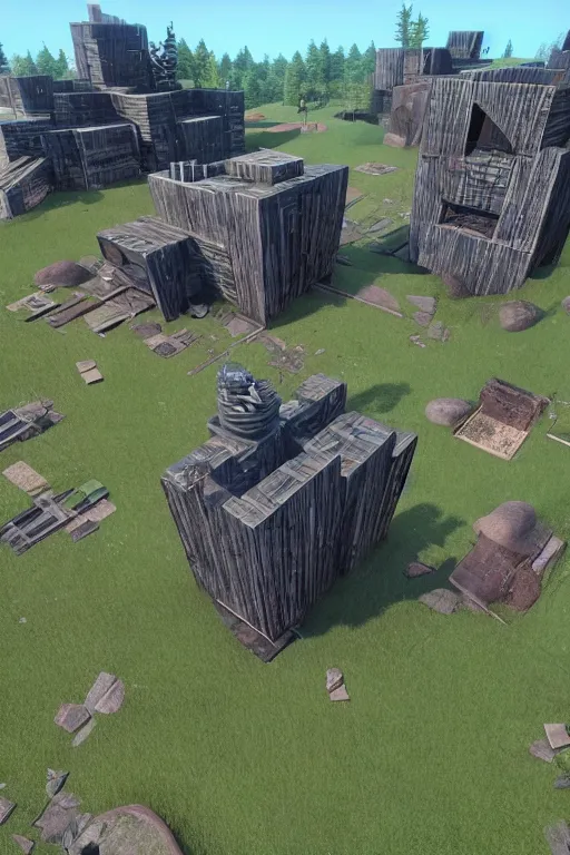 Image similar to building a base in valheim, brutalist architecture, in the style of the PC game Valheim