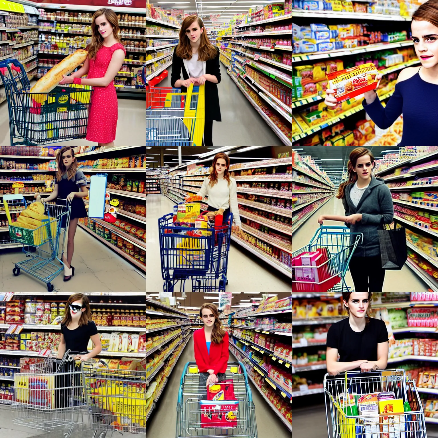 Prompt: candid photo of emma watson holding wonderbread next to a shopping cart and a supermarket shelf