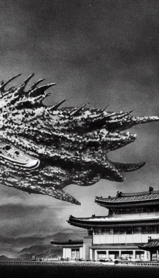 Image similar to a film still of a north korean monster movie, kaiju - eiga monster starfish - like over traditional korean palace, film noir, video compression, ripple effect