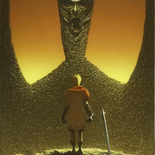 Prompt: tintin as a dark souls boss by zdzisław beksinski