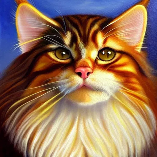 Prompt: Beatiful Oil painting of an orange Maine-coon with white beard, wearing sombrero