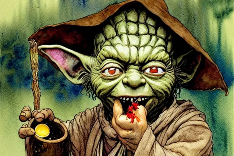 Prompt: a realistic and atmospheric watercolour fantasy character concept art portrait of yoda with bloodshot eyes laughing holding a blunt with a pot leaf nearby, by rebecca guay, michael kaluta, charles vess and jean moebius giraud