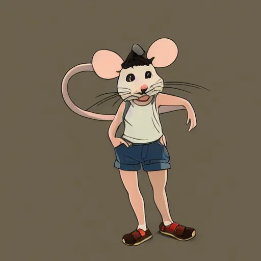 Image similar to in the style of studio ghibli, anthropomorphic mouse, female, wearing denim shorts and tank top, detailed, intricate, aesthetic, artistic, ambient occlusion, volumetric light effect