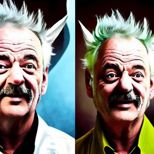 Image similar to !dream the roll of Rick Sanchez will be played by Bill Murray, spikey hair, white lab coat, photography