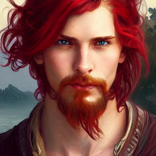 Image similar to portrait of a young carefree pirate, male, masculine, upper body, red hair, long hair, soft hair, D&D, fantasy, intricate, elegant, highly detailed, digital painting, artstation, concept art, matte, sharp focus, illustration, art by Artgerm and Greg Rutkowski and Alphonse Mucha