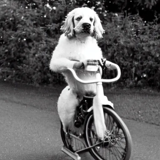 Prompt: a 35mm photo of a cocker spaniel riding a bicycle