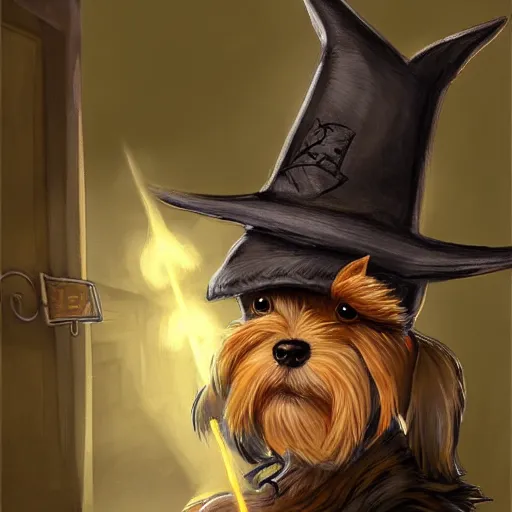 Image similar to detective yorkshire terrier wearing a wizard hat, in a dark alley, by D&D Concept Artists