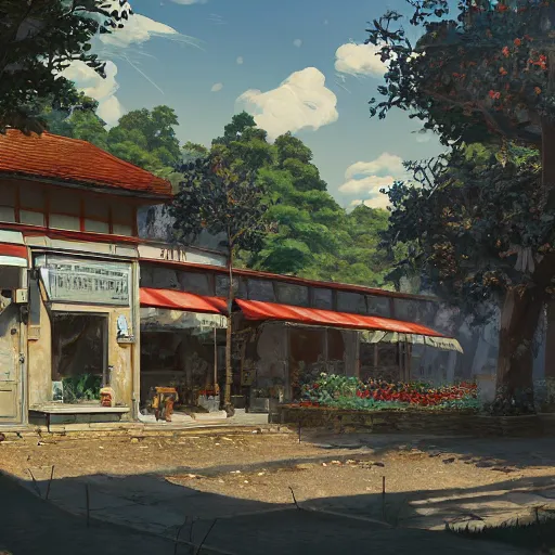 Image similar to concept art painting of a historic bakery with european and japanese architecture, in a woodland village surrounded by trees, realistic, detailed, cel shaded, in the style of makoto shinkai and greg rutkowski and james gurney