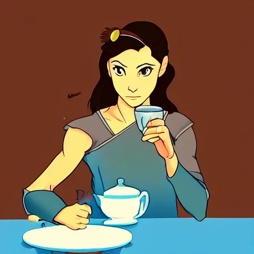 Prompt: Avatar korra drinking tea, digital art