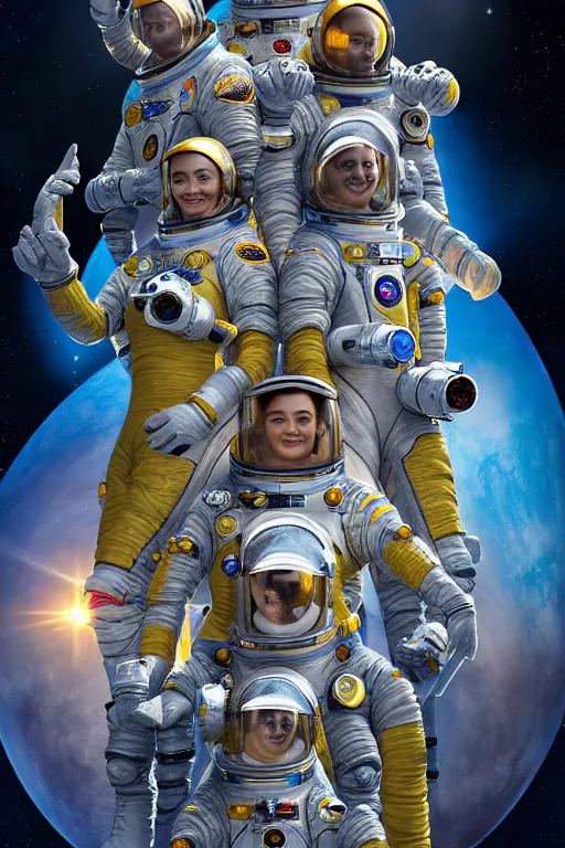 Prompt: portrait of a team of jubilant space explorers in advanced spacesuits with detailed facial features, with a utopian orbital solar farm in the background, in space, insanely detailed and intricate, golden ratio, elegant, ornate, elite, haunting, matte painting, cinematic, cgsociety, miyazaki, vivid and vibrant