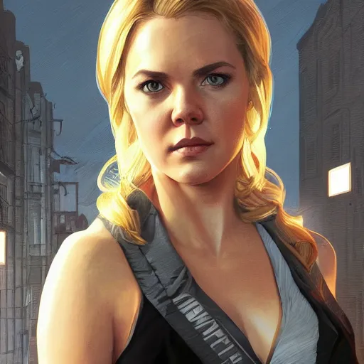 Prompt: Cindy Busby with blonde hair as a CSI detective as a grand theft auto 5 loading screen, close shot, gorgeous, beautiful, intricate, highly detailed, digital painting, artstation, oppressive lighting, concept art, sharp focus, illustration, art by greg rutkowski and alphonse mucha