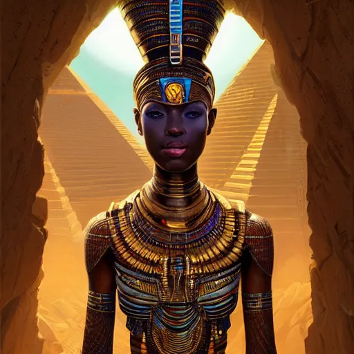 Image similar to highly detailed portrait of an african egyptian goddess, intricate alien technology, stephen bliss, unreal engine, fantasy art by greg rutkowski, loish, rhads, ferdinand knab, makoto shinkai and lois van baarle, ilya kuvshinov, rossdraws, tom bagshaw, global illumination, radiant light, detailed and intricate environment