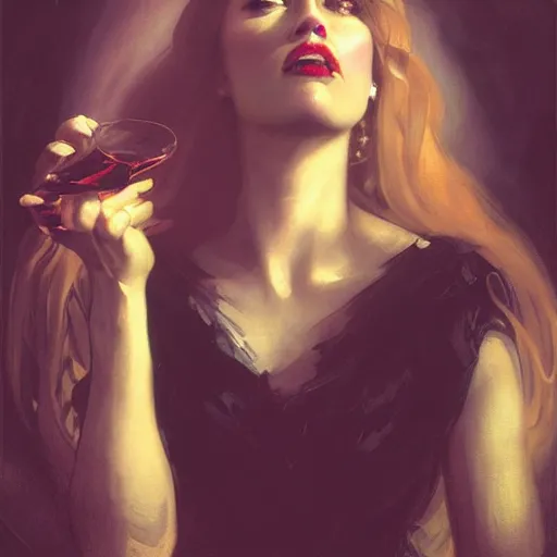 Image similar to hyperrealistic portrait of a woman as amber heard drinking wine in hell noir by jeremy mann and alphonse mucha, fantasy art, photo realistic, dynamic lighting, artstation, poster, volumetric lighting, very detailed faces, 4 k, award winning