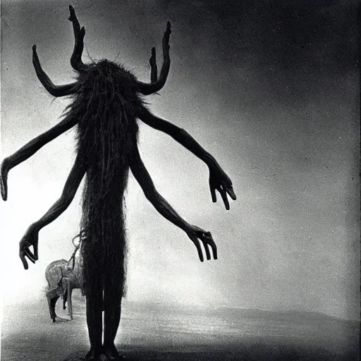Image similar to vintage photography of faceless beast-god with many long arms, a huge body covered with deep furs by Zdzisław Beksiński, odd eye, dark fantasy, detaling, abomination, blur