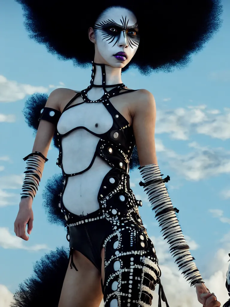 Image similar to one fierce looking beautiful young woman with afro hair and symmetrical white makeup, mad max, black leather straps, wearing intricate bodysuit and headdress made from white bones and black feathers, painted by makoto shinkai, studio ghibli, intricate linework, unreal engine 5 highly rendered, global illumination, radiant light, detailed and intricate environment
