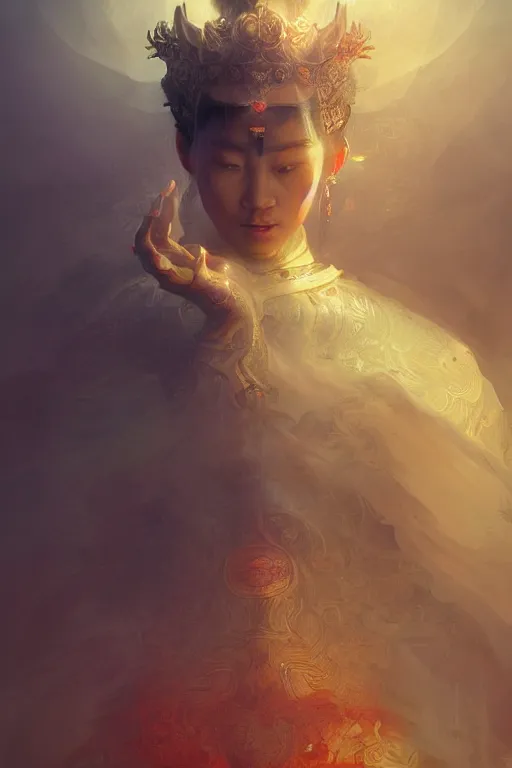 Image similar to chinese god, portrait, powerfull, intricate, elegant, volumetric lighting, scenery, digital painting, highly detailed, artstation, sharp focus, illustration, concept art, ruan jia, steve mccurry