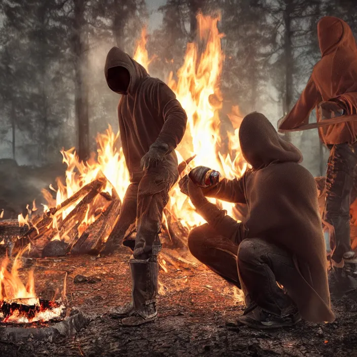 Image similar to hooded man smirking while dumping gas on a camp - fire, octane render, 4 k ultra hd, hyper - detailed, realistic, seedy lighting, sharp focus, fantasy dark art