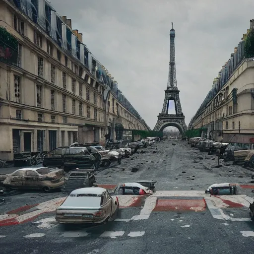 Image similar to post apocalyptic paris,ultra wide, octane render, cinematic, hyper realistic,