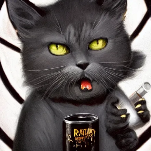 Image similar to a big dark angry powerful menacing grey cat wearing a suit. Holding a beer. Waving into the camera. With long fur and fluffy tail sitting, intricate, elegant, highly detailed, digital painting, artstation, concept art, matte, sharp focus, illustration, art by Artgerm and Greg Rutkowski and Alphonse Mucha