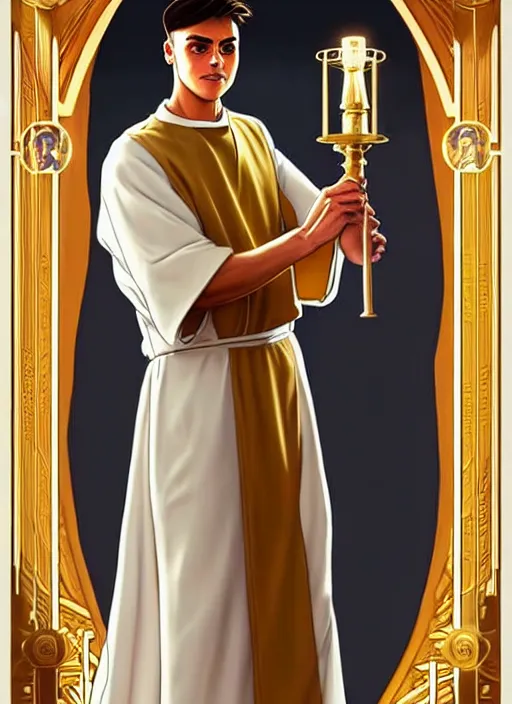 Image similar to paulo dybala as a priest wearing robes. holding golden candlestick, in a monestry natural lighting, path traced, highly detailed, high quality, digital painting, by don bluth and ross tran and studio ghibli and alphonse mucha, artgerm