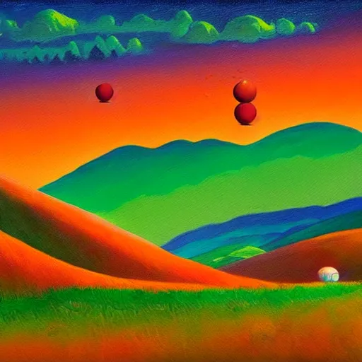 Prompt: a painting of three small orange people flying over rolling green hills, far away, inspiring, beautiful, brightly colored, paranormal, in the style of John Martin, red and green color scheme, Kanye West Donda Album Cover