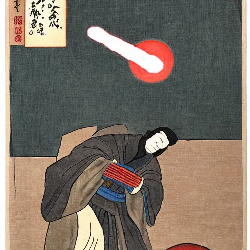 Prompt: ancient japanese watercolour of a darth sidious shooting lightning from his fingers at luke skywalker. Luke Skywalker is writhing on the ground in agony and begging darth vader to help.